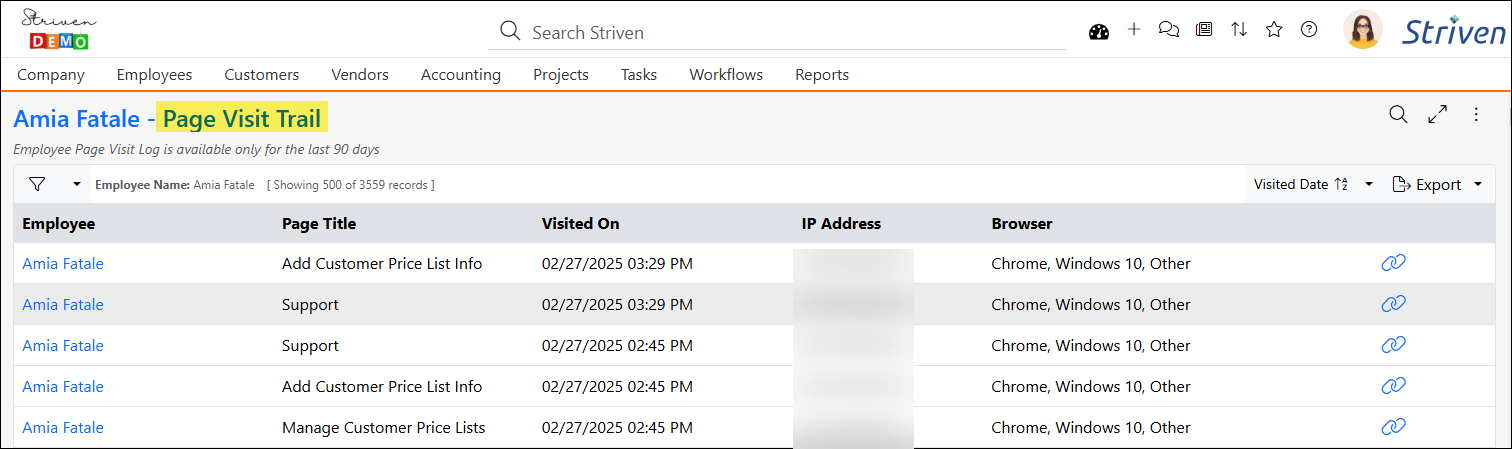 Employee Page Visit Trail page showing the Employee name, the page title, when it was visited, the IP Address, the browser used, and a link to the page