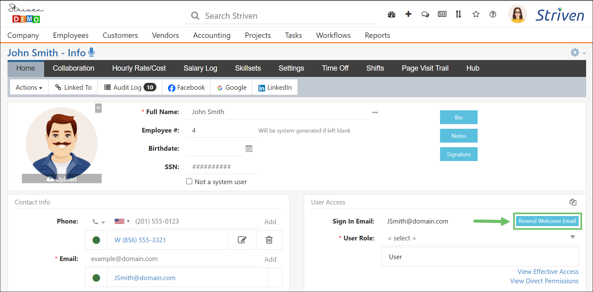 Employee Info page highlighting the Resend Welcome Email option
