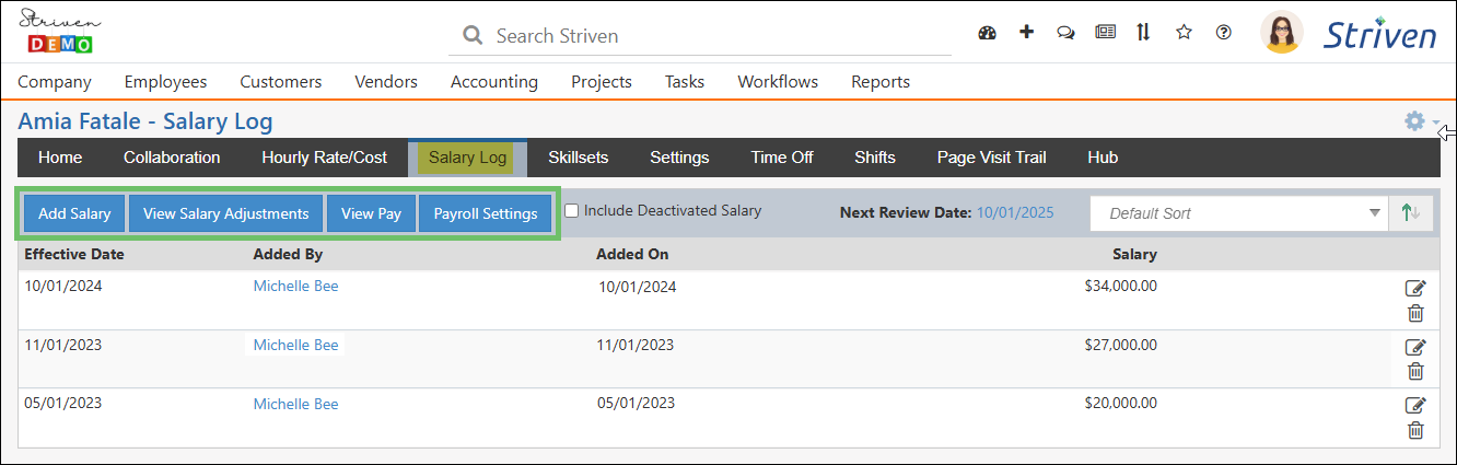 Employee record highlighting the Salary Log tab and related action options