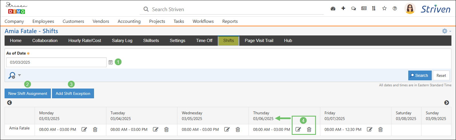 Employee record highlighting the Shifts tab
