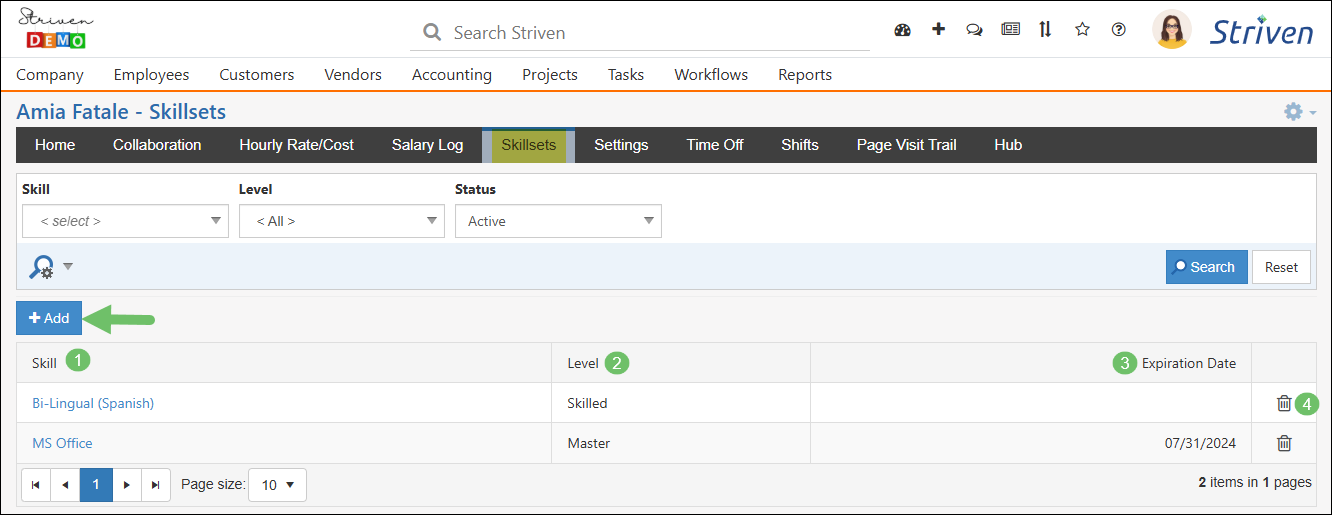 Employee record highlighting the Skillsets tab