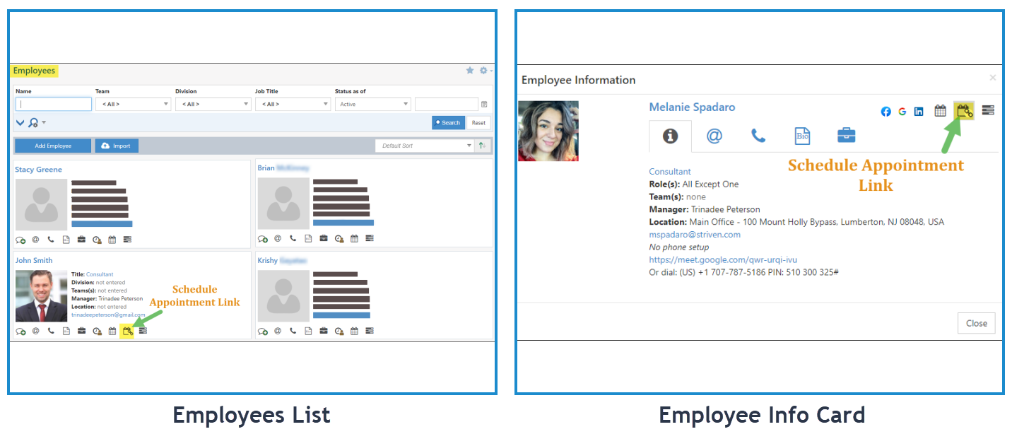 Employee List & Employee Info Card with Schedule Appt Link Icons