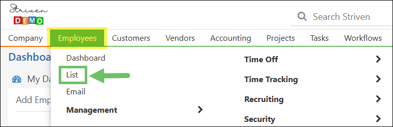 Employees Menu in Striven highlighting the List option