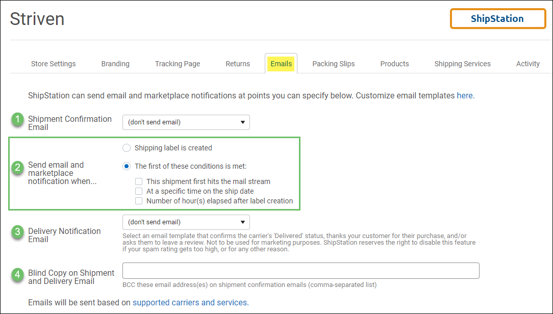 Emails Settings Tab in ShipStation