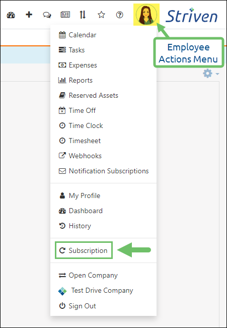 Striven Employee Actions menu highlighting the option for Subscription settings