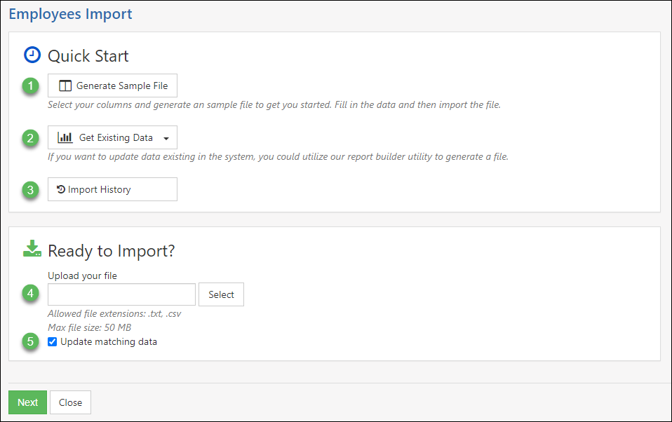 Employee Import Utility with options to Generate Sample file, get existing data, import history, select import file, and update matching data
