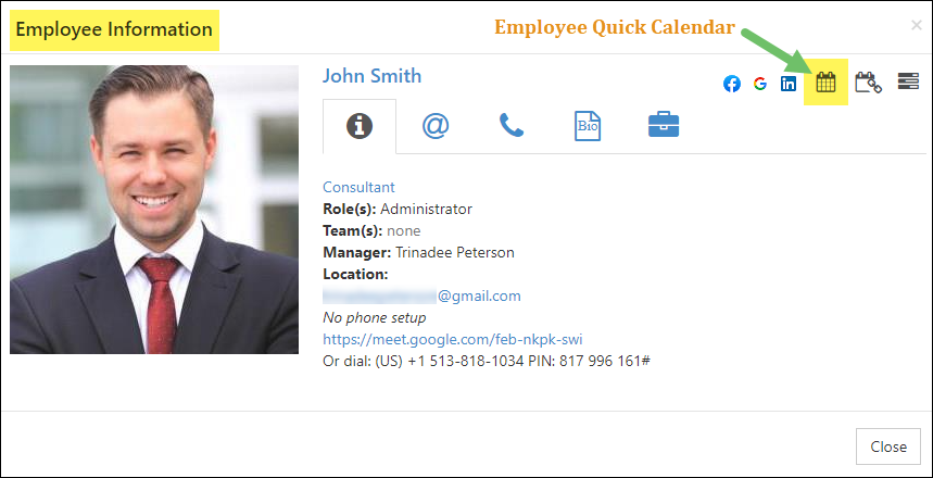 Employee Info card with name, roles, teams, manager, location, email, meeting details and quick calendar