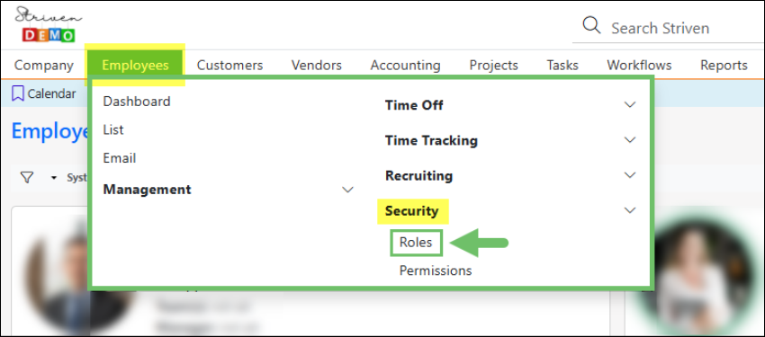 Example of the Employee List Menu Options