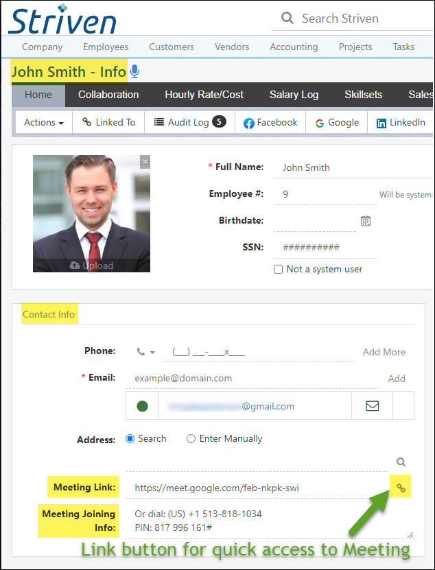 Employee Profile Page with Meeting Link