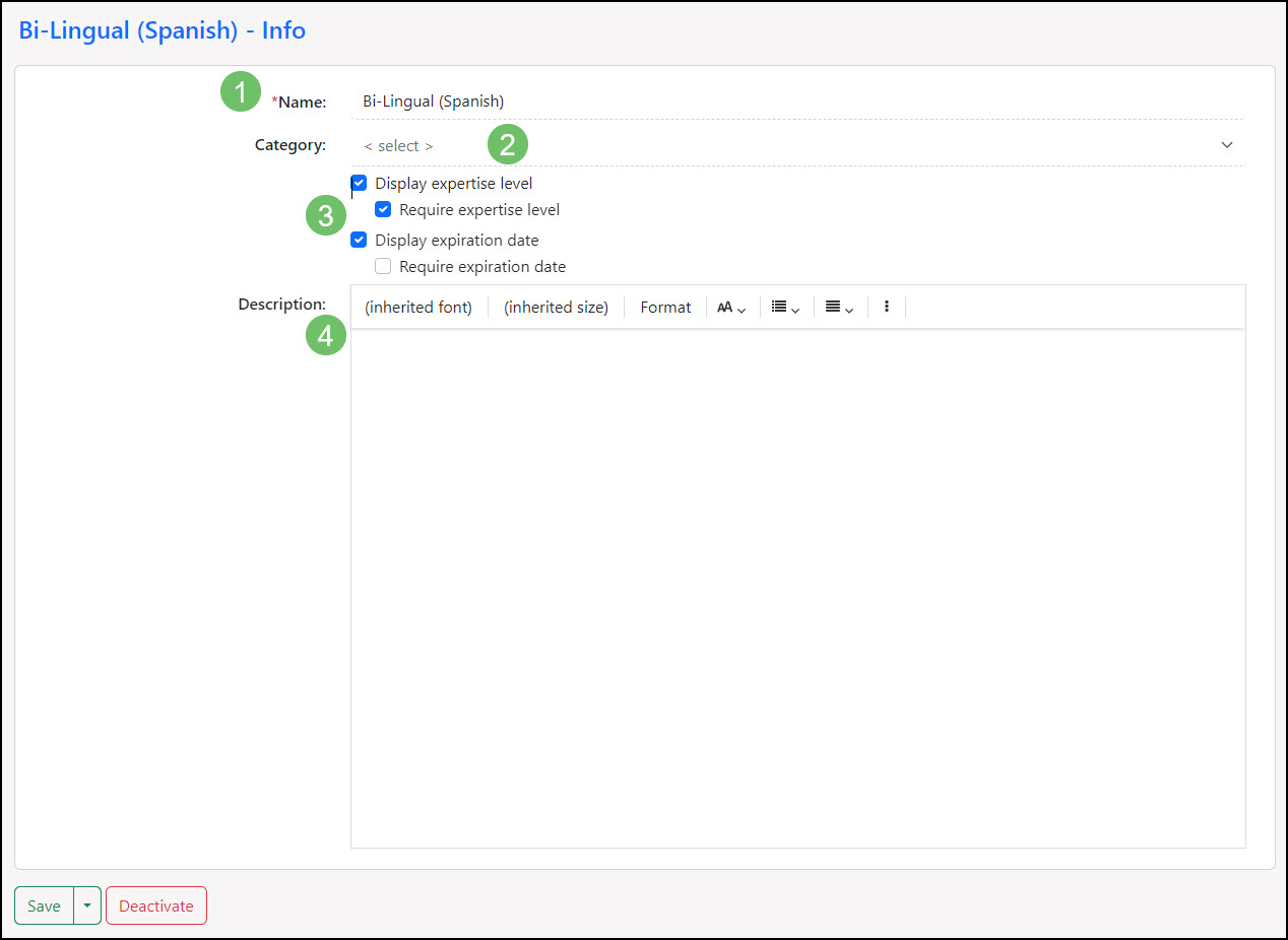 View of editing a Skillset within Employee Settings in Striven