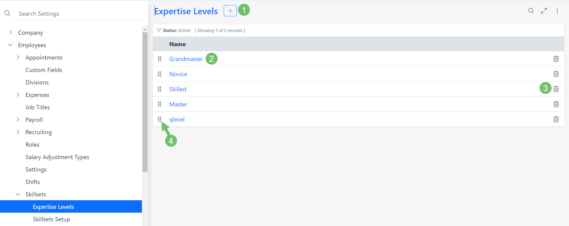 Expertise Levels page within the Employee Settings in Striven
