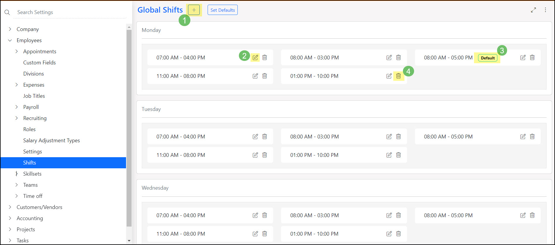Global Shifts Setup Page within the Employee Settings of Striven.