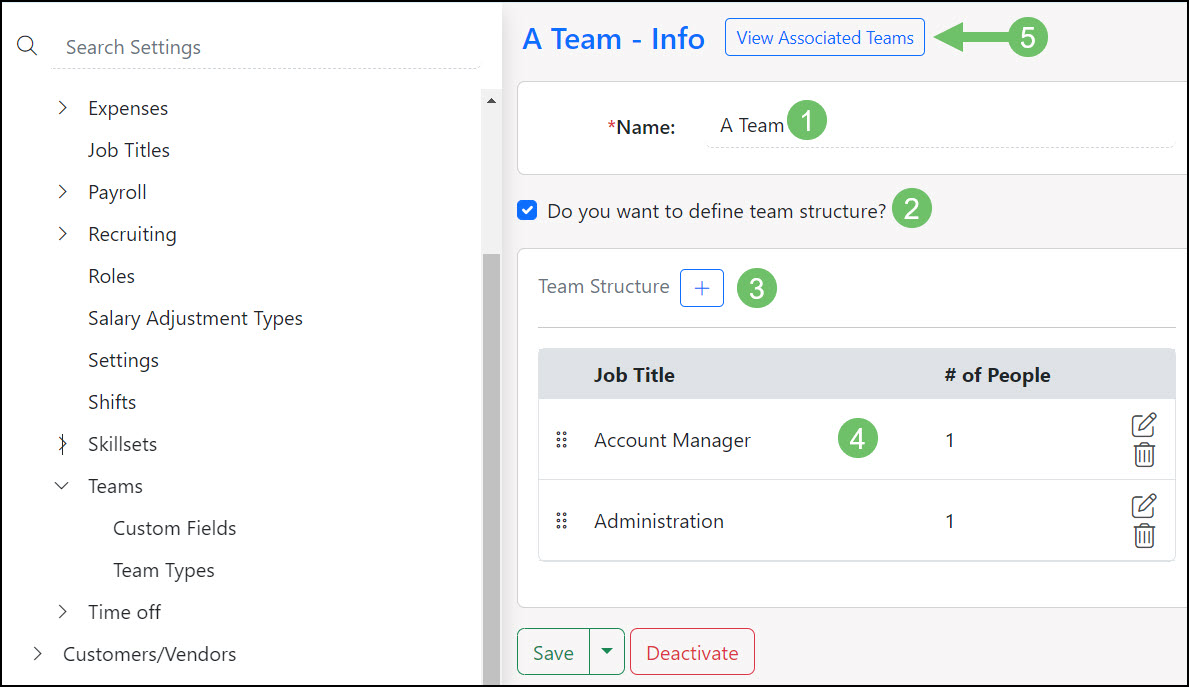 Example of adding a Team Type within Employee Settings in Striven.