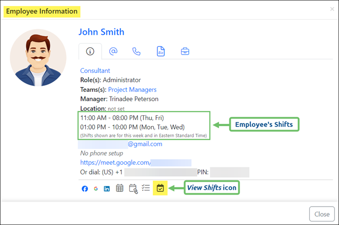 View of Employee Info Card showing their Shifts and the View Shifts icon