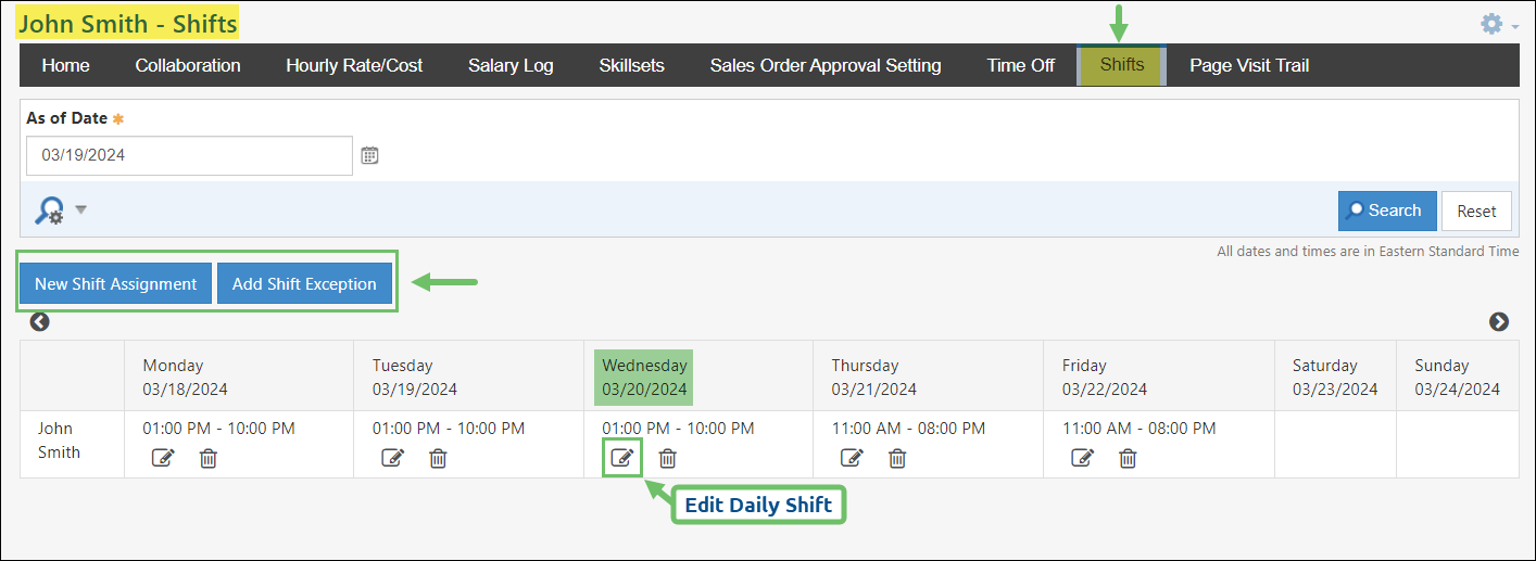 View of an Employee's Shift Settings with options to add a new Shift assignment, Add Shift Exception, or edit individual daily shifts