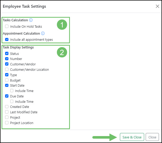 Employee Settings popup with options for Task Grouping and Task Detail display