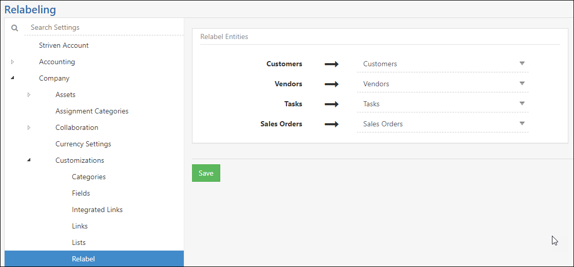 Entity relabeling settings including customers, vendors, tasks, and sales orders