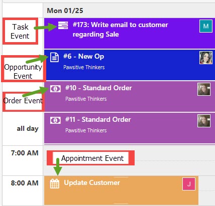 Event Type Icons including Appointment Events, Task Events, Opportunity Events, Order Events