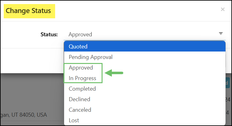 Dropdown list of sales order statuses with approved and in progress highlighted as acceptable for change orders