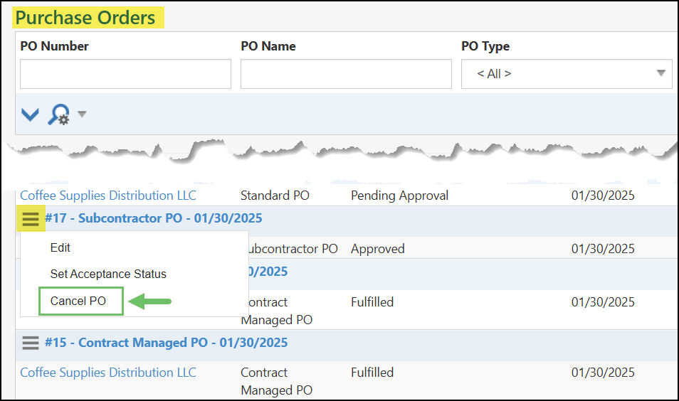 Purchase Order from the Purchase Order List with the actions menu expanded to Cancel PO.