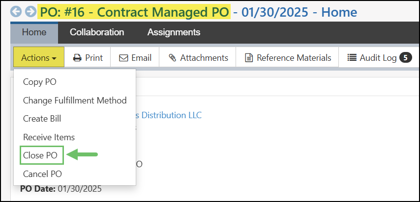 Purchase Order with the actions menu open highlighting the Close PO button.