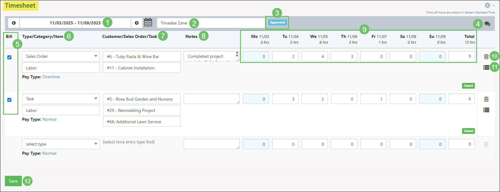 Actions and Information Available from the Timesheet Page