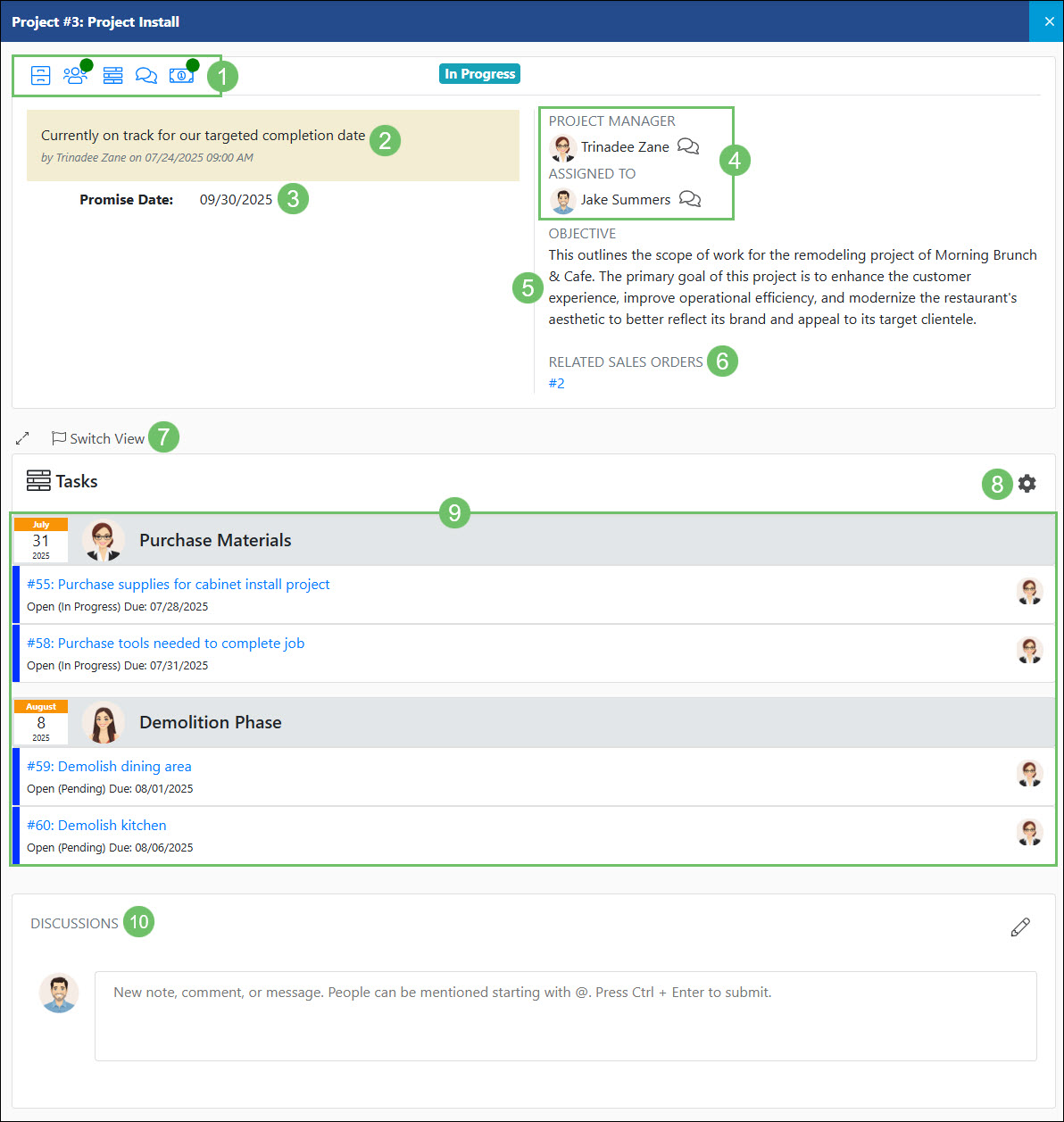 Actions and Information Available on the Project Info Page in the Customer Portal