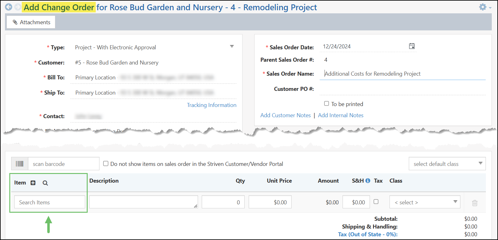 Item section highlighted on the order creation page with a type-ahead field to search for existing items in Striven