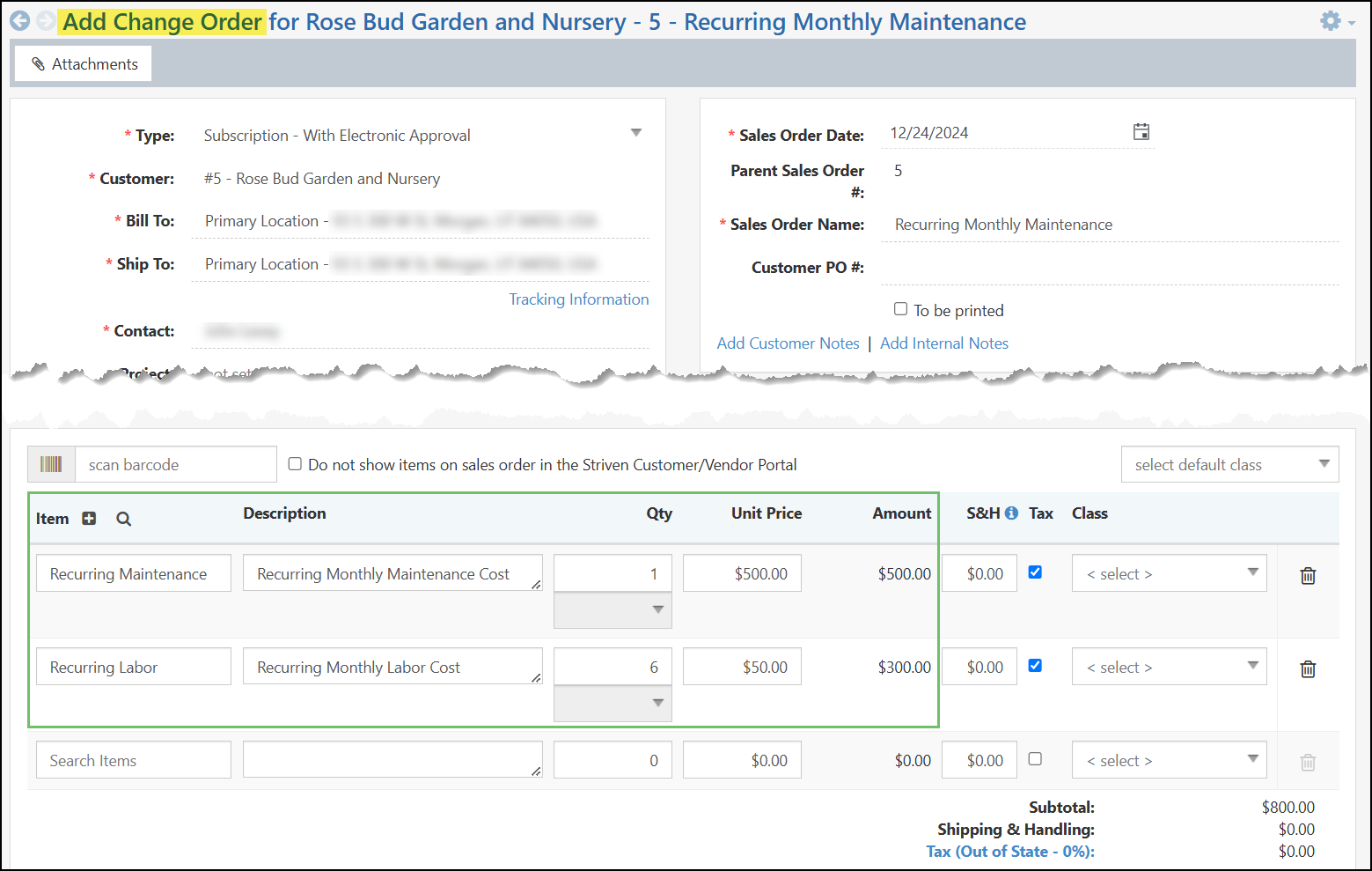 Creating a change order with the item section highlighted to indicate changes can be made through editing or adding items