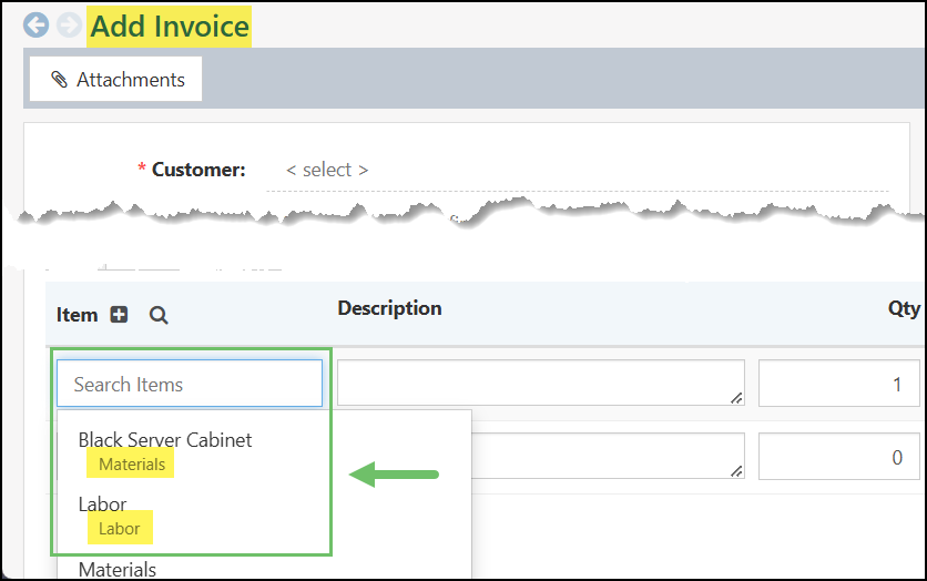 Add Invoice Page with items listed which show the category underneath each item