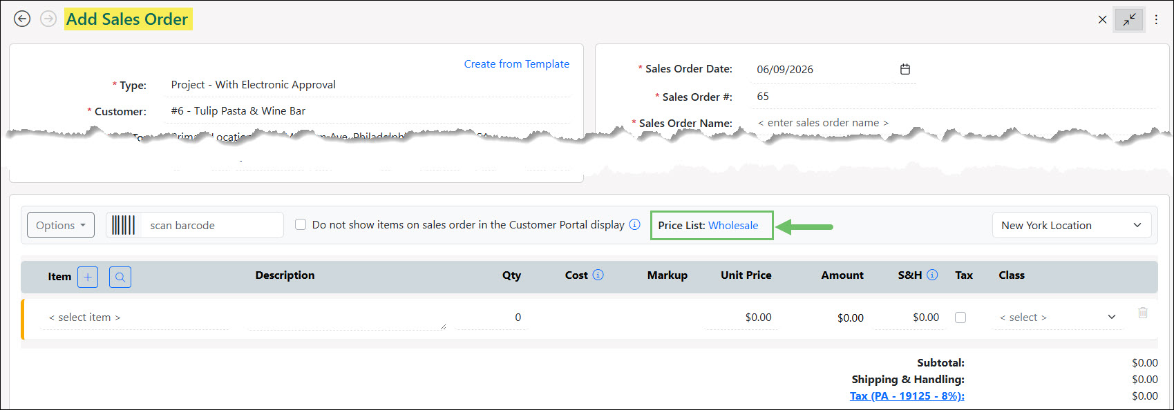 Adding a Sales Order for a Customer using a Price List