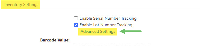 Advanced Settings Option for Lot Number Tracking on the Item Info Page.