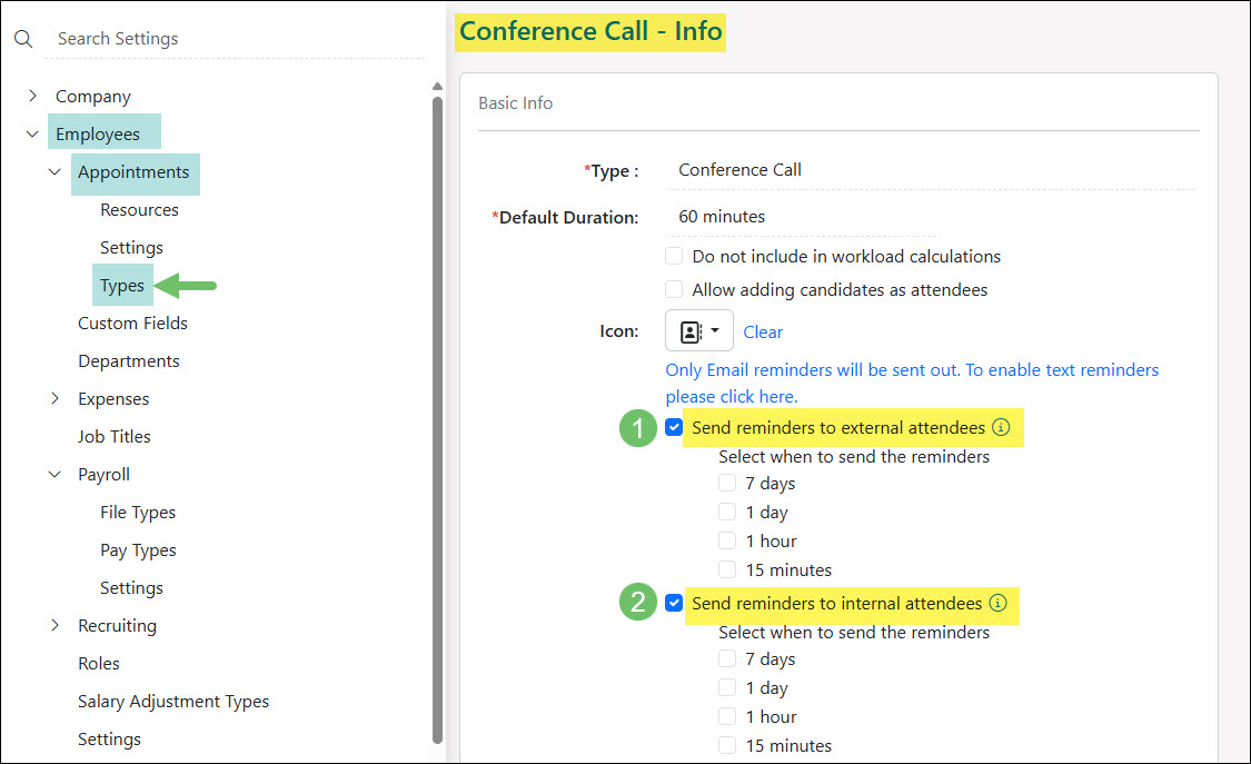 Example of Appointment Type Level Reminder Settings