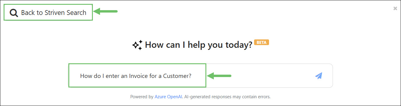Example of asking the AI tool a how-to question within the Striven Search