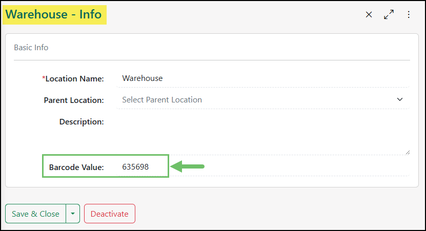 Barcode Value Field on an Inventory Location Info Page.
