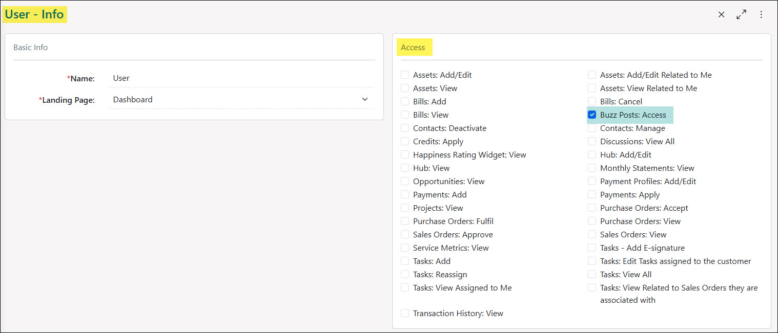 Example of Buzz Related Permissions for the Customer Portal