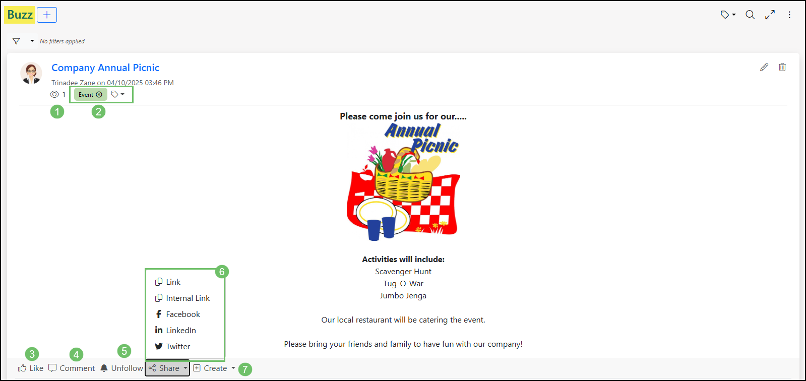 A buzz post that is inviting employees to a annual company picnic.