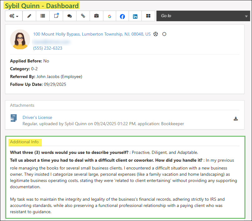 Candidate Custom Fields Located on a Candidate’s Dashboard