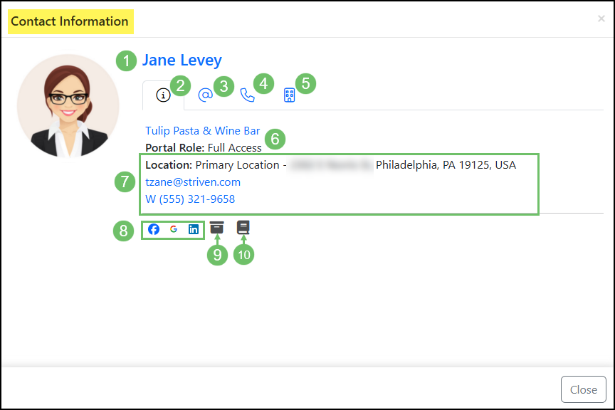 Contact Information Card when accessed from the Customer Vendor Contacts List
