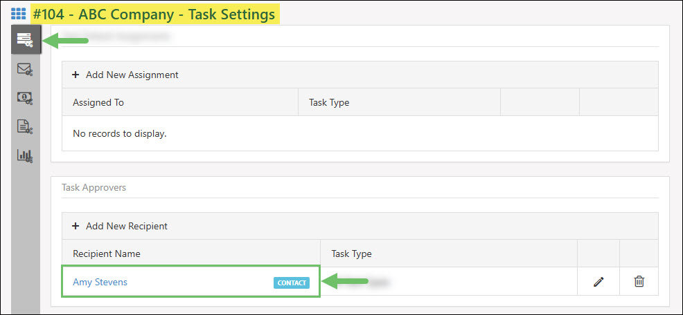 Contact Listed on the Customer Task Settings Page