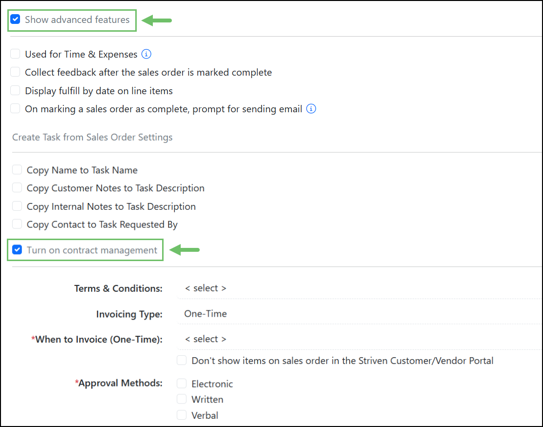 Example of Contract management settings