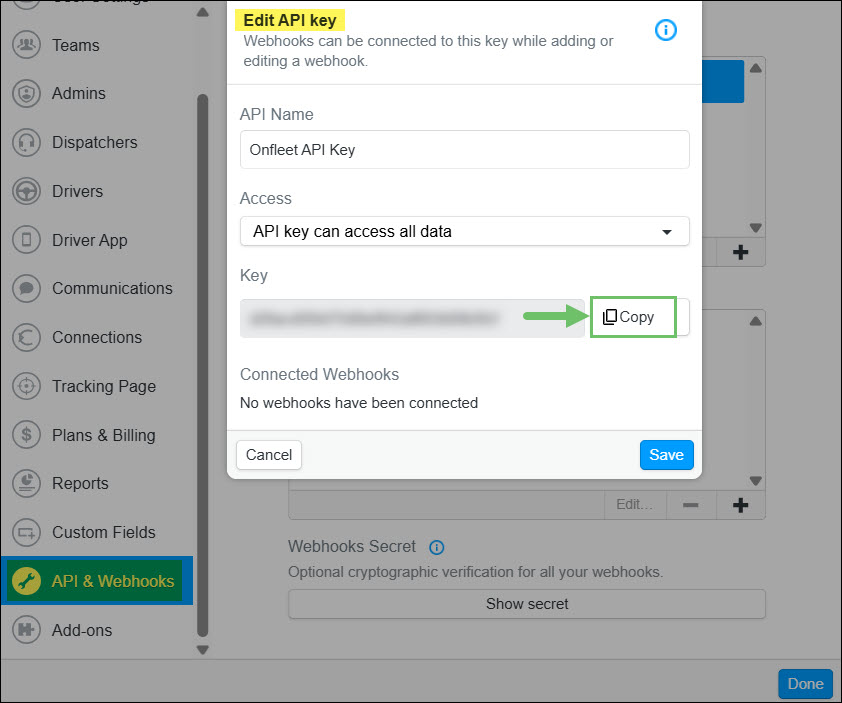 Copying the API Key from Onfleet