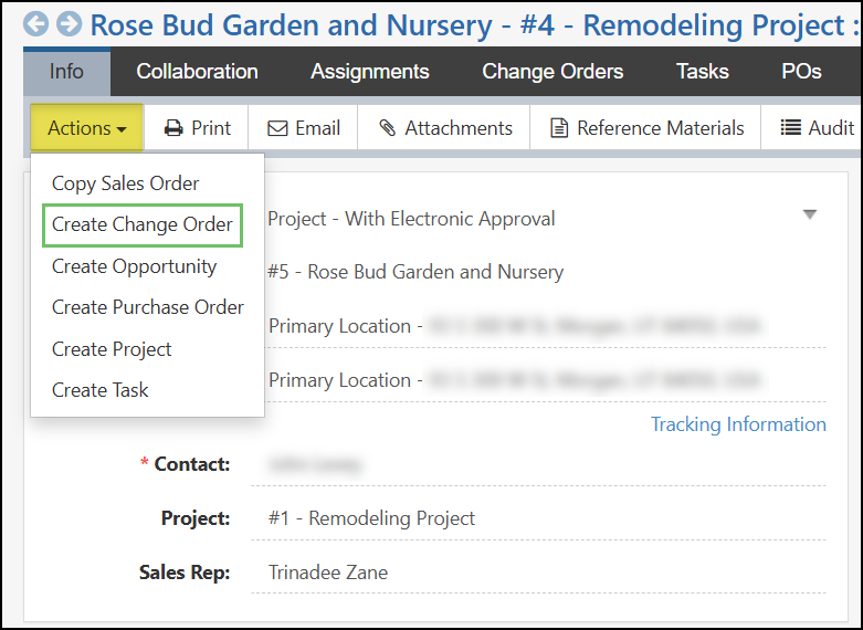 Create Change Order option while clicking on the Actions menu when viewing a Contract Managed Sales Order