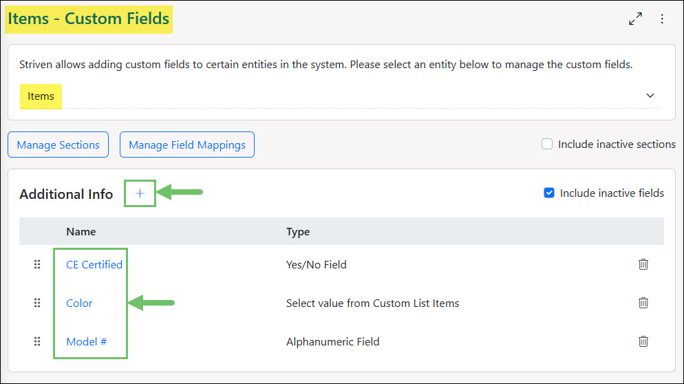 Creating Custom Fields under Items Entity in Custom Fields Settings