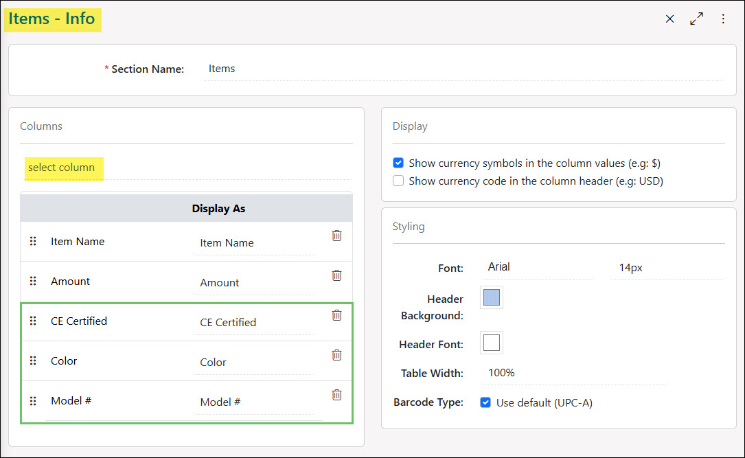 Custom Fields in the Available Columns Area of an Items Section in a Printable Format