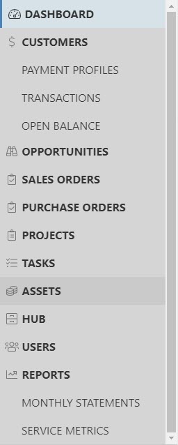 Customer Portal Menu including dashboard, customers with payment profiles, transactions, open balance, Opportunities, Sales Orders, Purchase Orders, Projects, Tasks, Assets, Hub, Users, Reports with Monthly Statements and Service Metrics