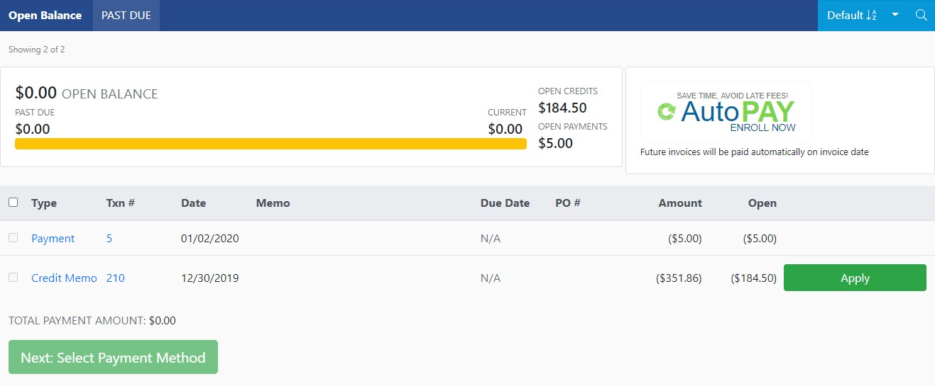 customer portal open balance showing current and past due transactions and auto-pay options