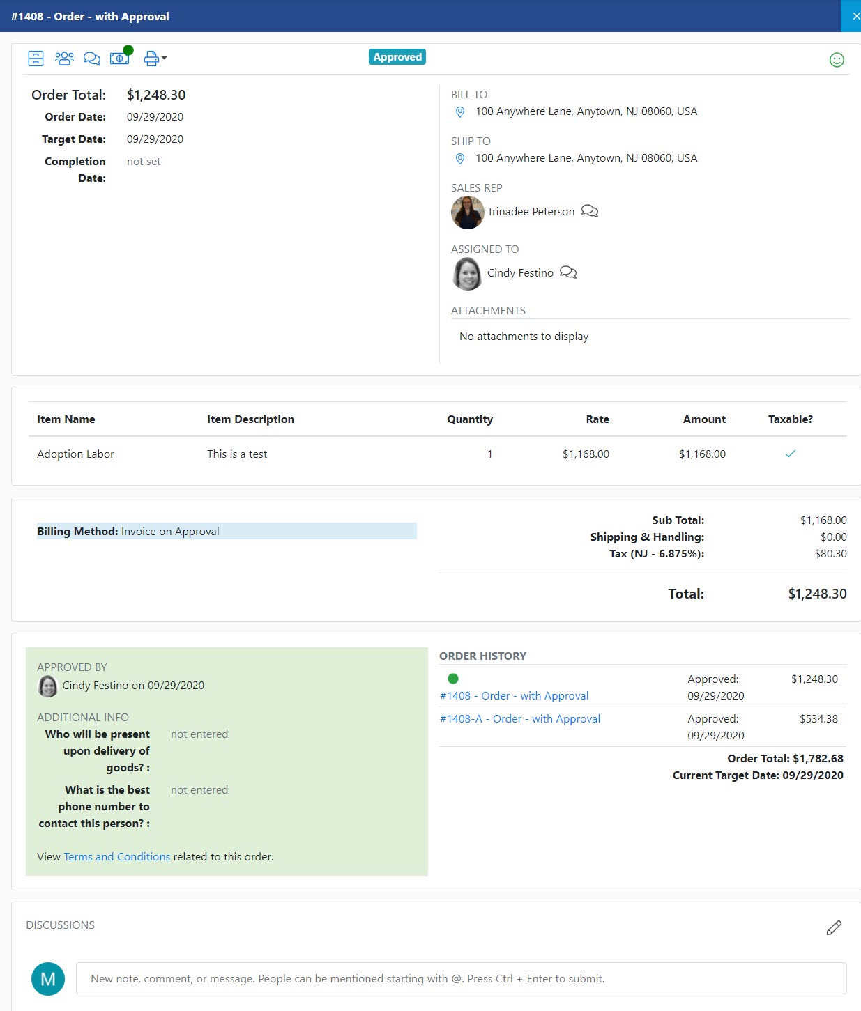 Customer portal sales order view showing details of particular order including order total, date, target date, completion date, bill to, ship to, sales rep, assignee, attachments, item name, item description, quantity, rate, totals and order history