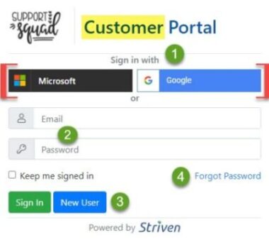 Customer Portal Sign in including single signon for google and microsoft