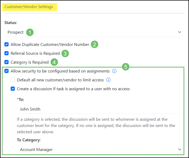 The Customer Vendor Settings section of CRM Settings Page